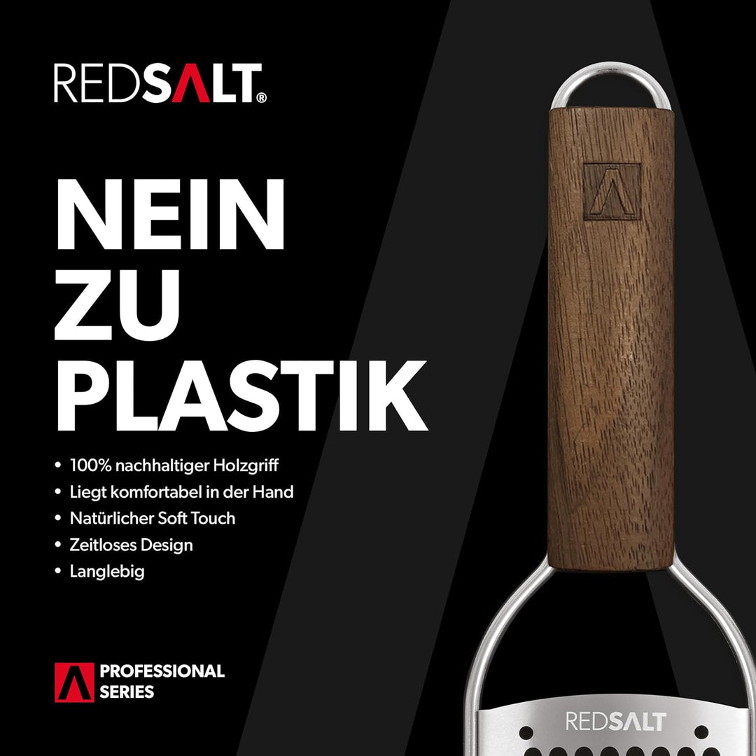 REDSALT® Premium Parmesanreibe mit Holzgriff | rasiermesserscharfe Profi Julienne Edelstahl Reibe fü