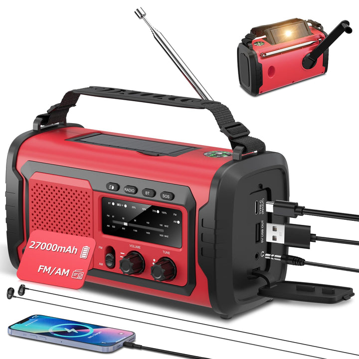 Kurbelradio 27000mAh, Notfallradio Solar Kurbel FM/AM Mit Bluetooth, SOS Alarm Emergency Radio, Kurb