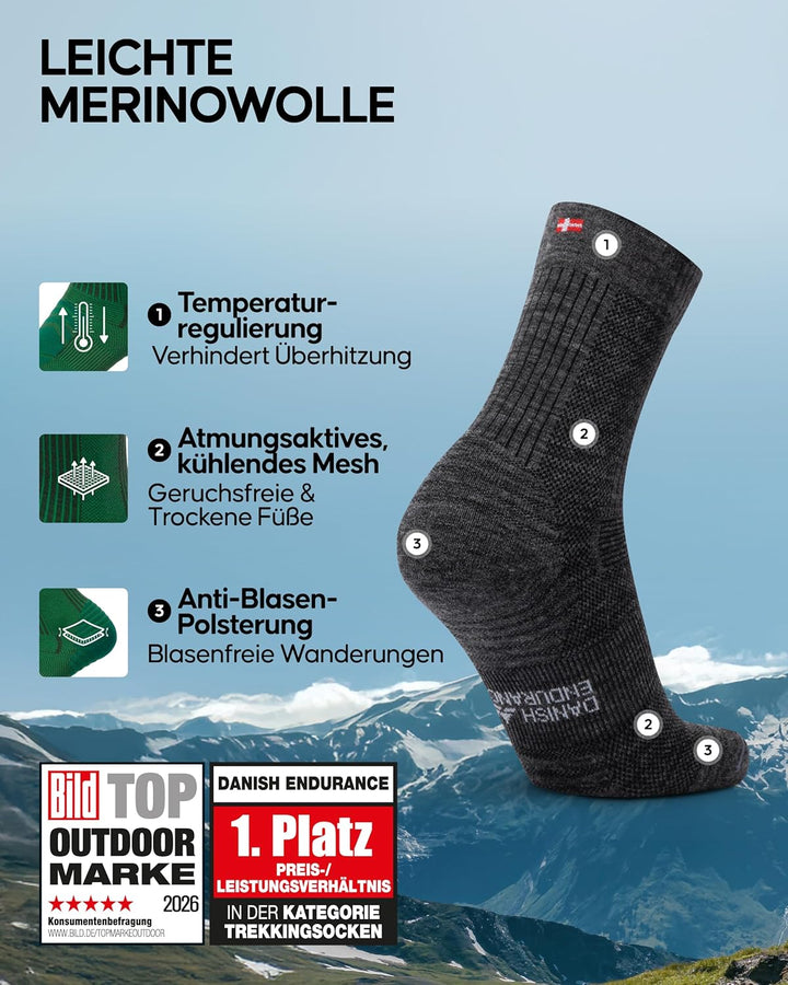DANISH ENDURANCE Leichte Merino Wolle Wandersocken, Warme Wollsocken, Merino Socken, Gepolstert, Atm