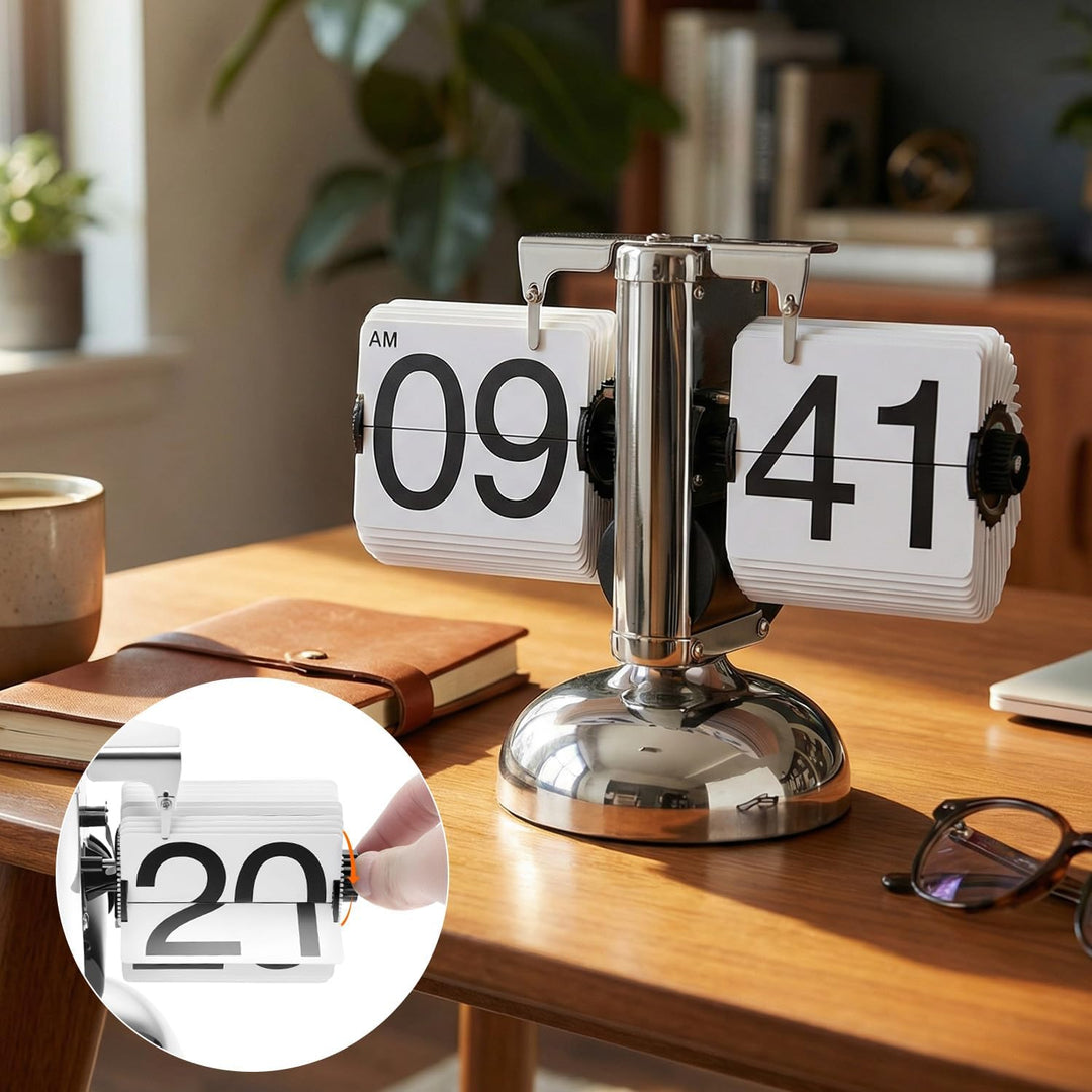 QWORK® Retro Flip Clock Tischuhr mit Quarzwerk, Mechanische Klappzahlenuhr, Silber Automatisches Umb