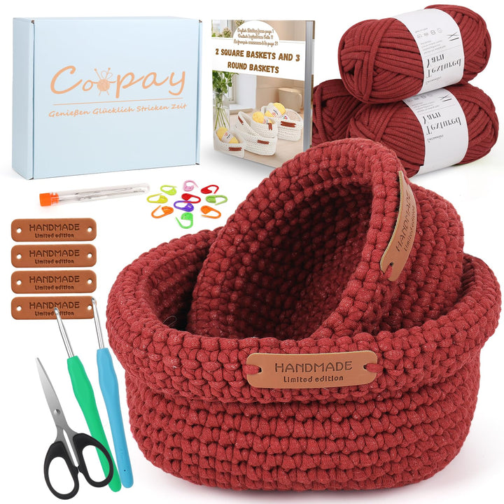 Coopay Häkelset für Anfänger, 2 Grössen Square Körbe Häkelset mit Häkelnadel, Anleitung, 5mm Dicke W