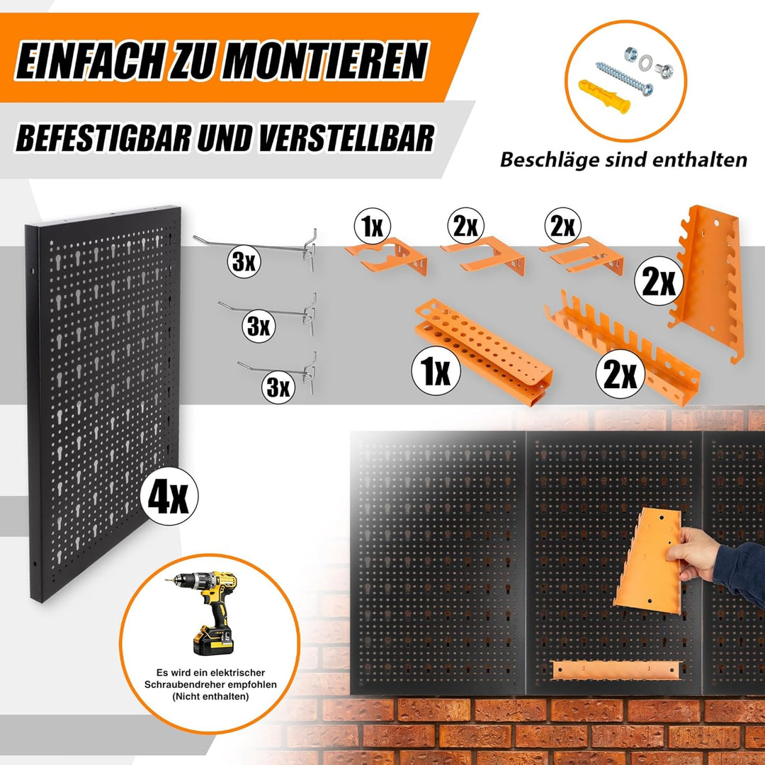 METALLMOBELL - Werkzeugwand Metall Lochwand, 160x60x2 cm, 4 Lochplatten 40x60x2 cm, Haken und Halter