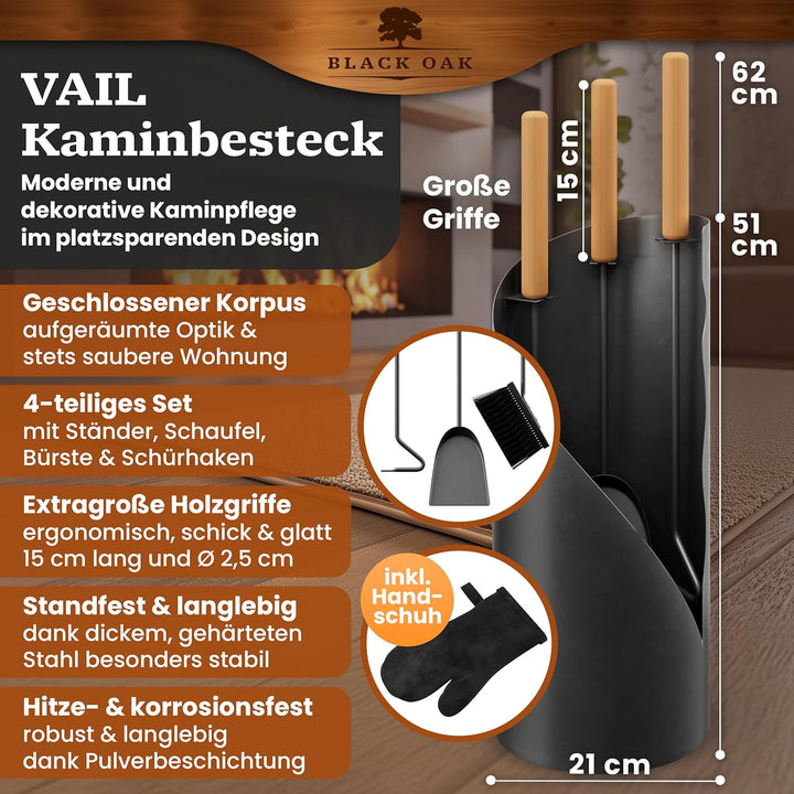 BLACK OAK Kaminbesteck VAIL 4-teilig mit Lederhandschuh - modernes Ofenbesteck Set schwarz mit Holzg