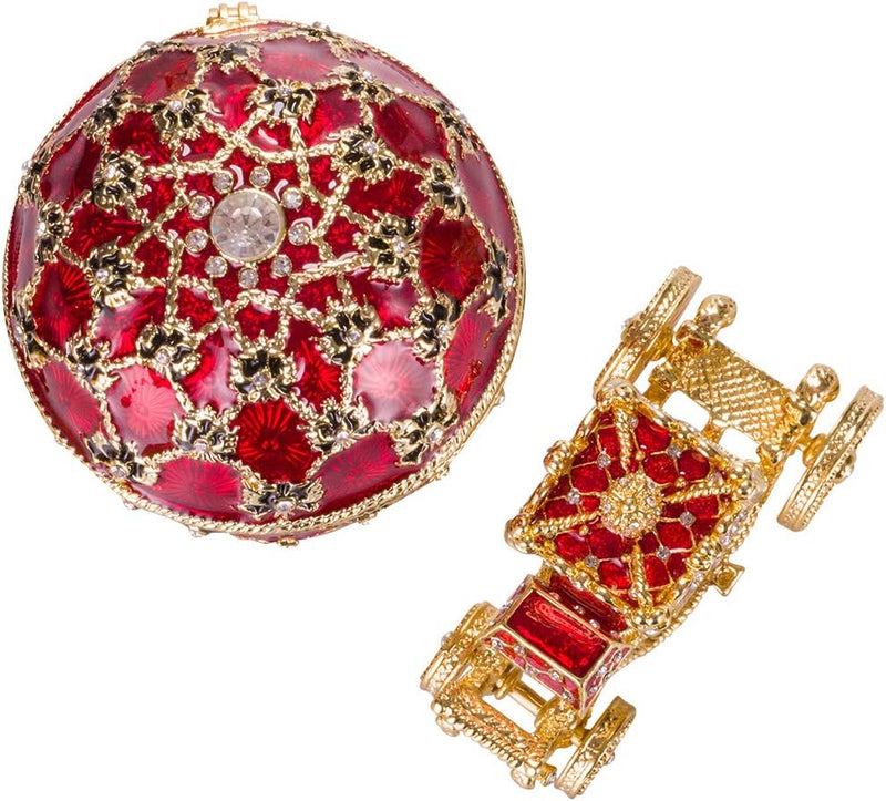 Fabergé-Stil Krönungs Ei/Schmuckkästchen mit Kutsche 10 cm rot