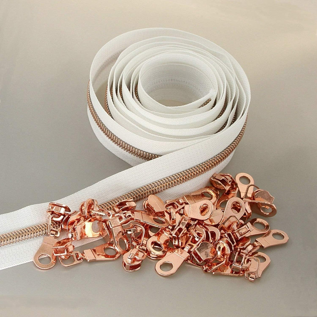 5# Nylon-Reissverschlüsse Meterware 10 Yards Roségold Metallic-Zähne Weisses Klebeband mit 25 Stück