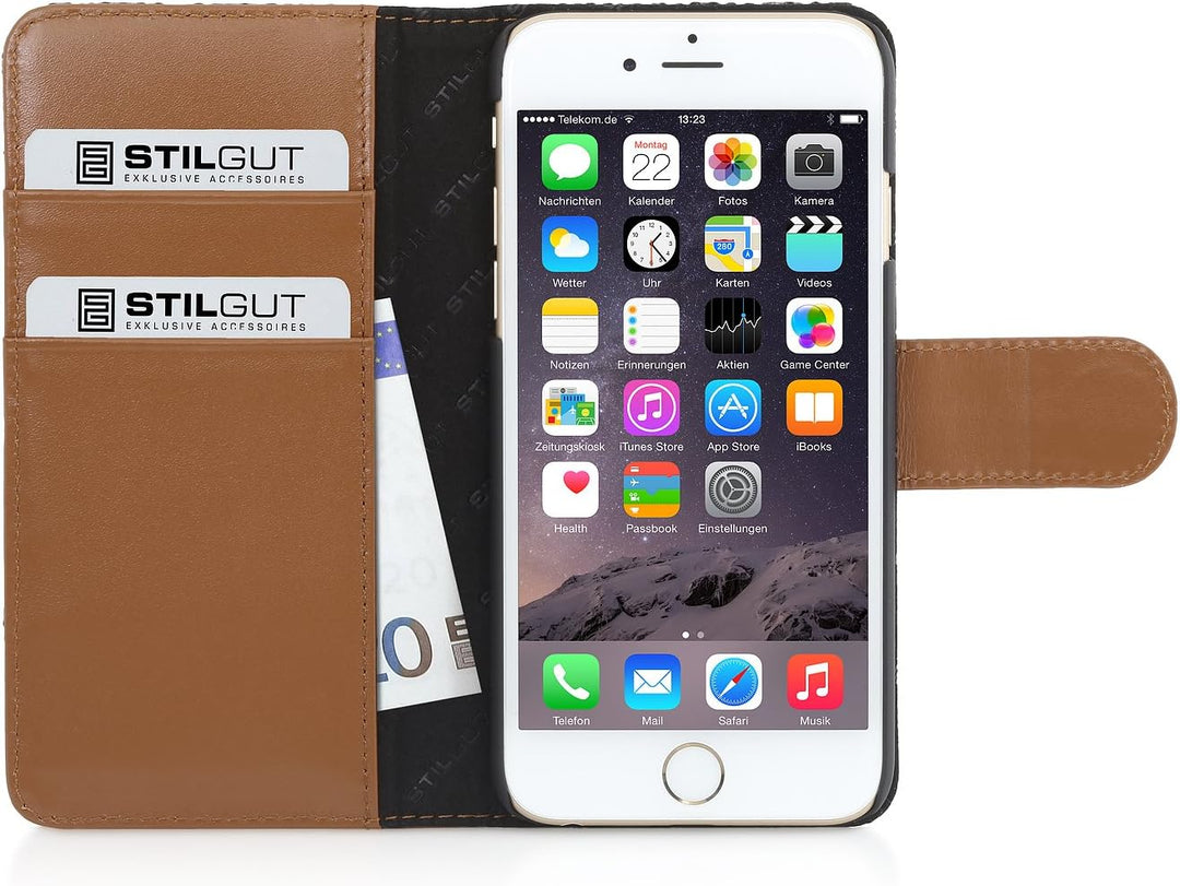 STILGUT Leder-Hülle kompatibel mit iPhone 6s Plus Wallet-Case, Fashion: Fischgrät/dunkel, Fischgr&#x