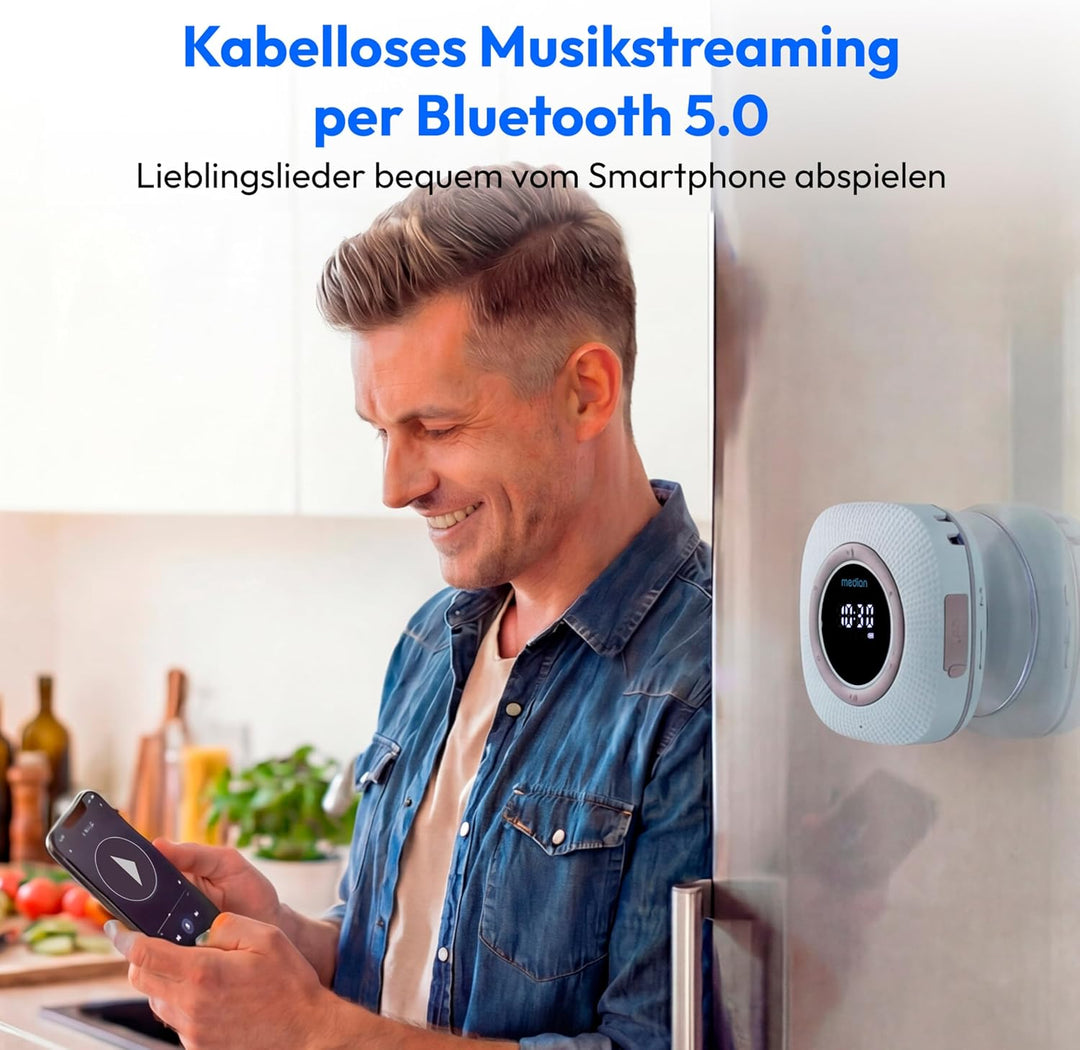 MEDION P66096 Duschradio mit Bluetooth (Badradio, UKW Radio, Saugnapf, LED-Display, IPX6 Wasserdicht