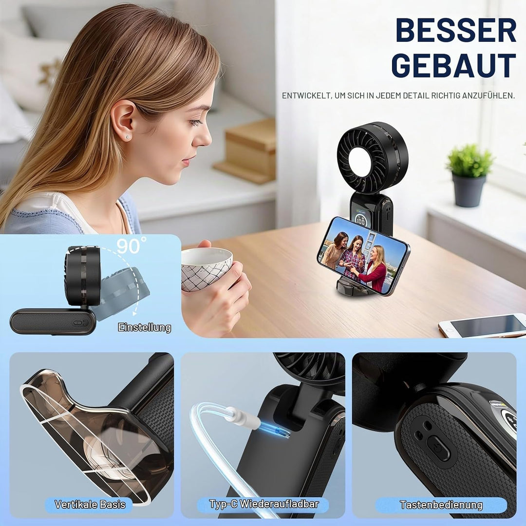 Handventilator Akku Aufladbar, Tragbarer Mini Ventilator USB, Schwarz | 100 Stufen Starkem Luftstrom