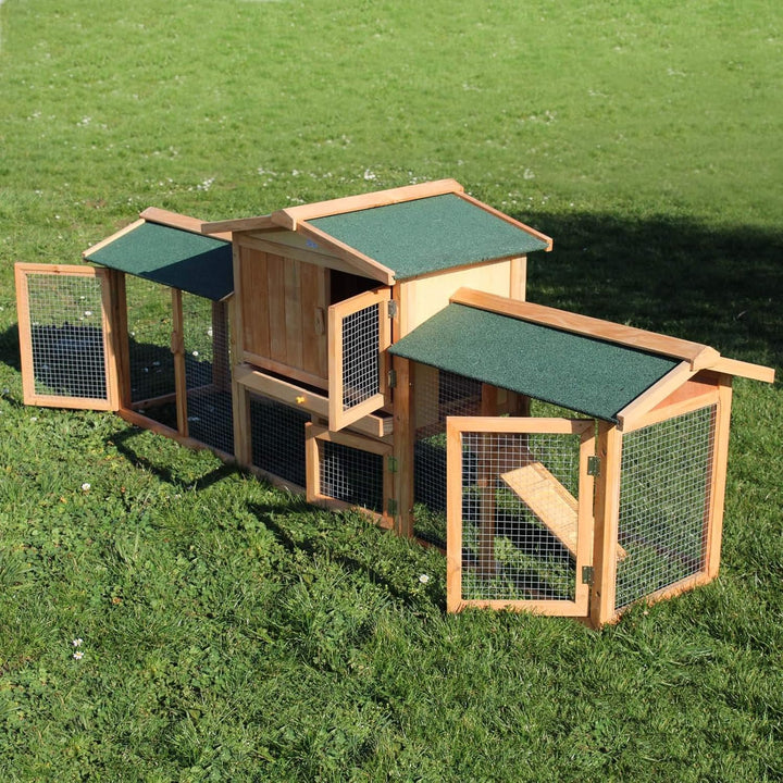Wiltec XXL Hasenstall 2110 x 530 x 835 mm mit Freilaufgehege und erhöhtem Unterschlupf aus Kiefernho