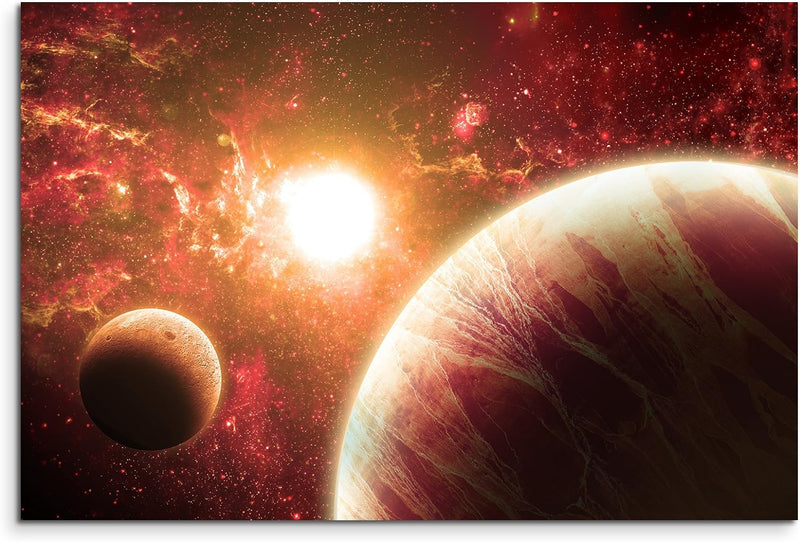 Paul Sinus Art XXL Fotoleinwand 120x80cm Illustration - Rote Planeten mit Mond auf Leinwand Exklusiv
