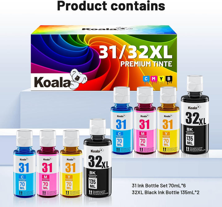 Koala 31 32XL Nachfülltinte Kompatibel für HP Smart Tank 5105 5108 (8 Pack) | Kompatibel mit HP Smar