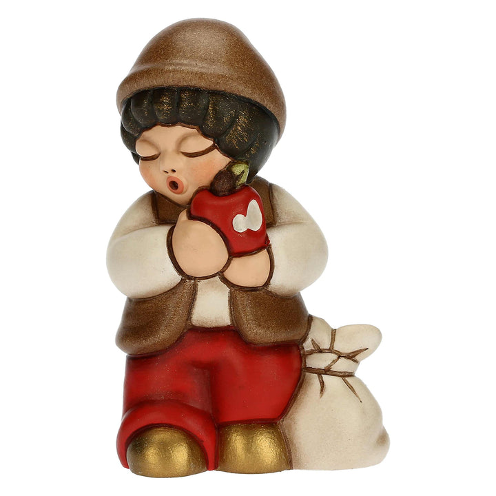 THUN - Krippe 2022 - Figur Krippe Kind mit Apfel aus Keramik, handverziert, rotes Kleid - Klassische