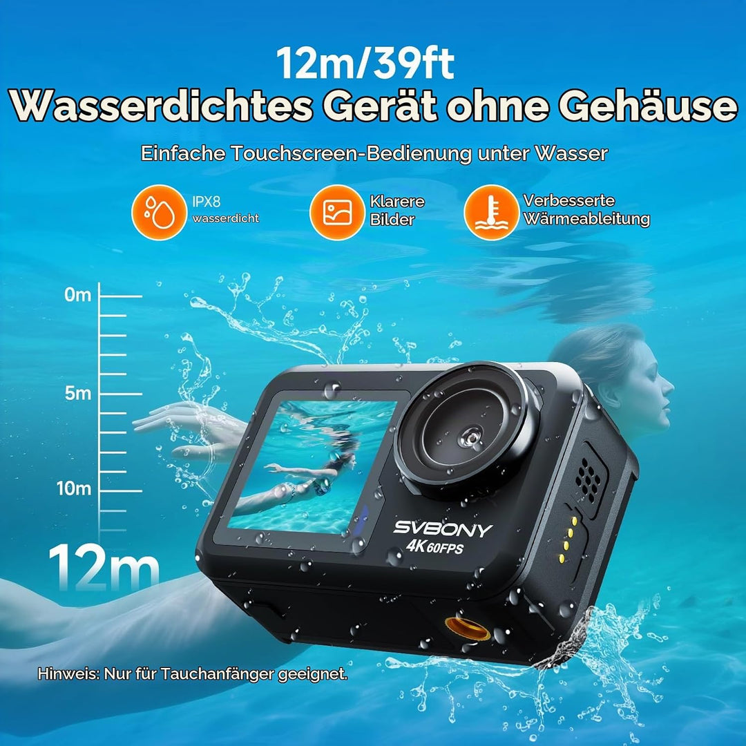 SVBONY 4K 60FPS Unterwasserkamera, EIS2.0 Stabilisierung, Wasserdicht bis 12 Meter ohne Gehäuse, Spr