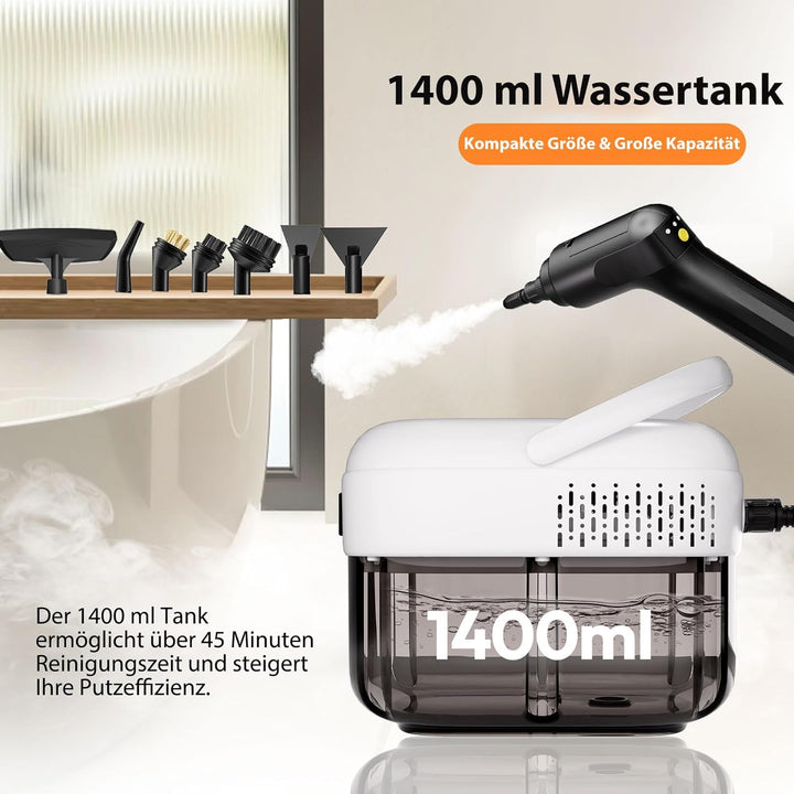 Dampfreiniger Handgerät, Dampfreiniger für Alles, 15s Aufheizzeit, 3-stufig einstellbarer, 1,4L Tank