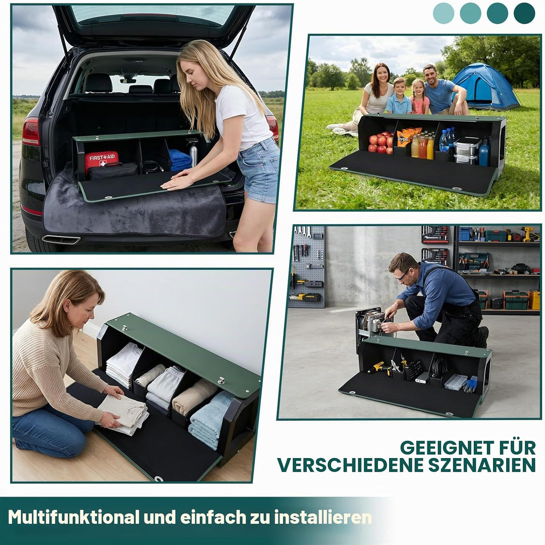 Grosser XXL Auto Kofferraum Organizer mit Deckel – Premium NAPPA Leder, Vordertür & Tragbarer Push-P
