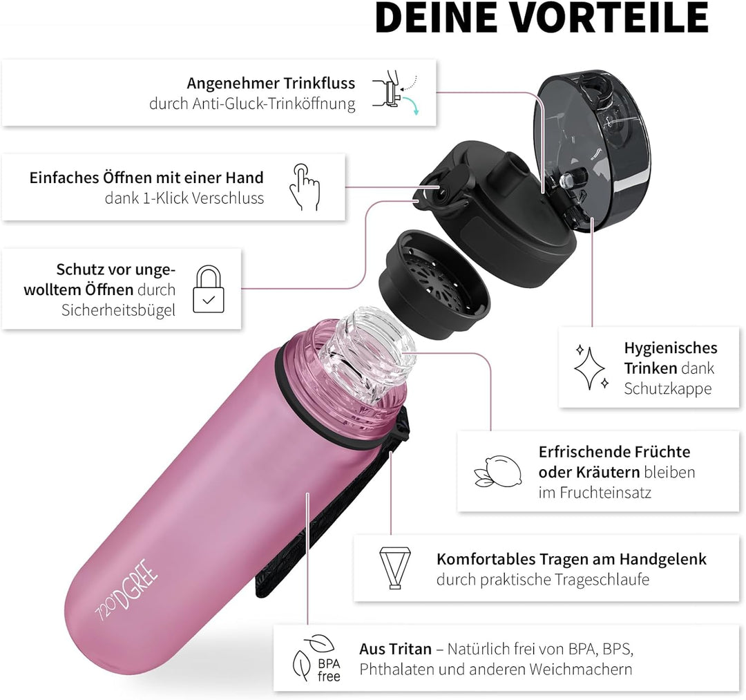 720°DGREE Trinkflasche “uberBottle“ 350ml, 500ml, 650ml, 1l softTouch +Früchtebehälter - Auslaufsich