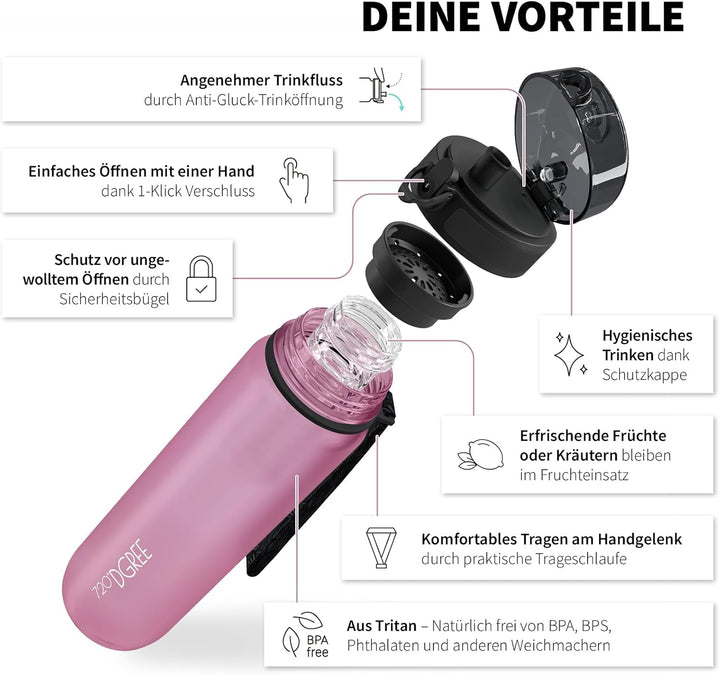 720°DGREE Trinkflasche “uberBottle“ 350ml, 500ml, 650ml, 1l softTouch +Früchtebehälter - Auslaufsich
