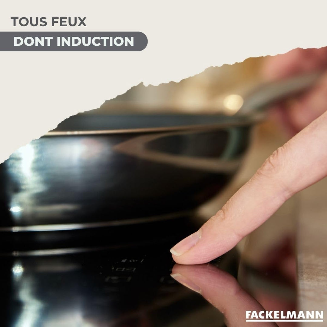 Fackelmann 9445750 Set mit 2 Pfannen 20 und 28 cm aus Edelstahl 18/8, 2 Glasdeckel und 6 Edelstahlut