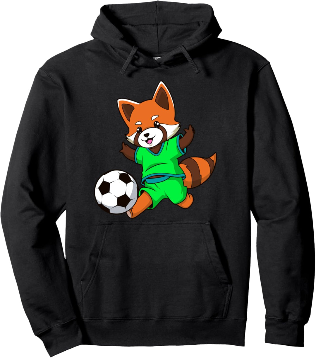 Comic roter Panda spielt Fussball Pullover Hoodie