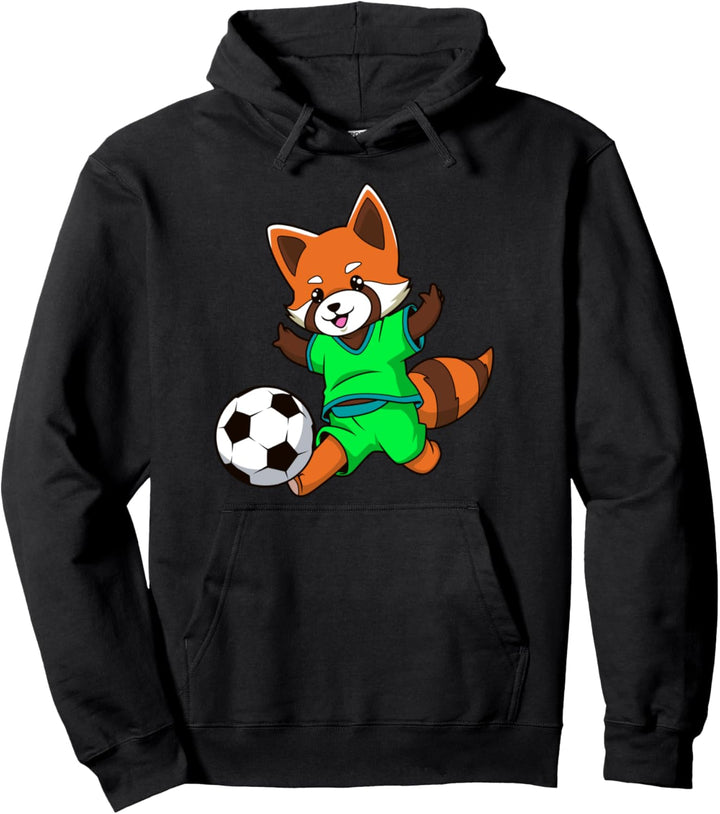 Comic roter Panda spielt Fussball Pullover Hoodie