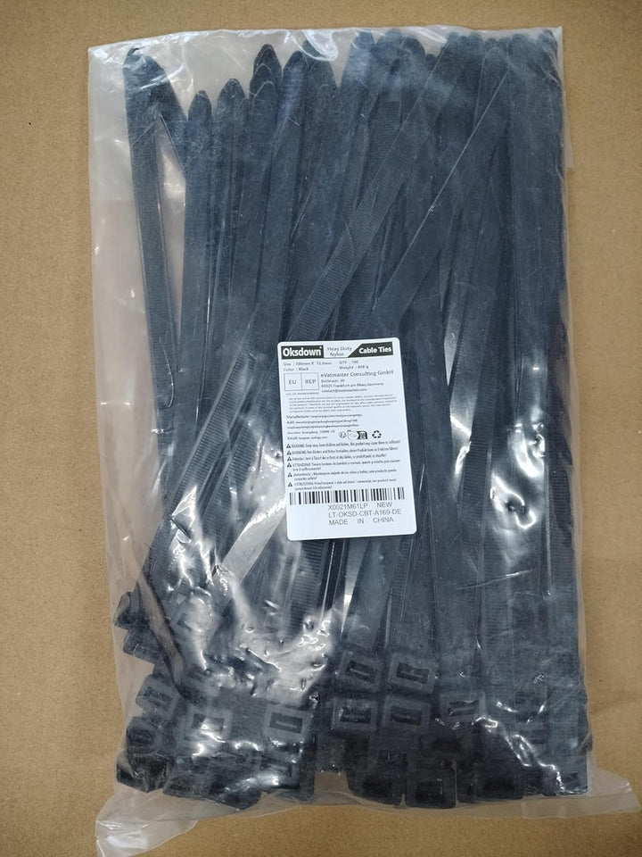 Oksdown 300mm × 12,0mm Breit 100 Stück Extra Stark Kabelbinder mit 100 kg Zugfestigkeit Schwarz UV-B