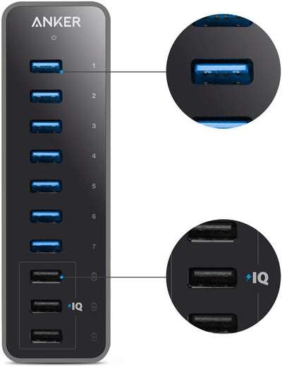 Anker 60W 7-Port USB 3.0 Datenhub mit 3 PowerIQ Ladeports kompatibel mit iPhone, iPad, Samsung, Moto