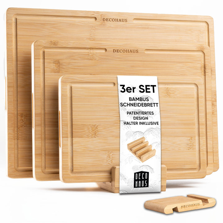 Deco haus Schneidebrett Holz 3er Set aus Robustem Bambus [2cm DICKE] - Schneidebretter mit Saftrille