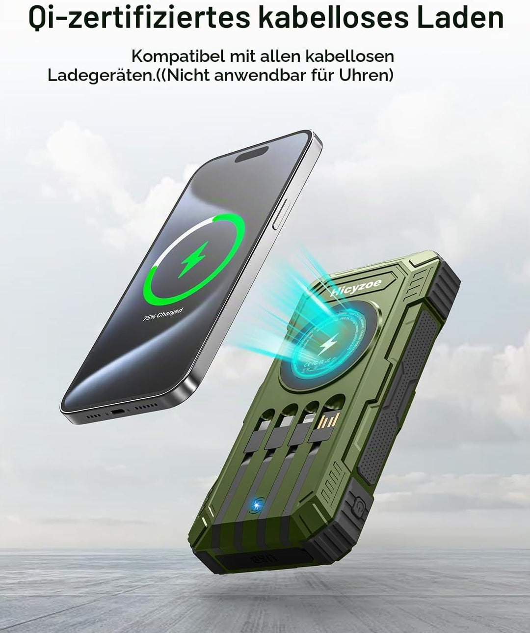 Solar Powerbank, 26800 mAh Tragbares Ladegerät mit 4 Integrierten Kabeln, Solar-Akkuladegerät mit US