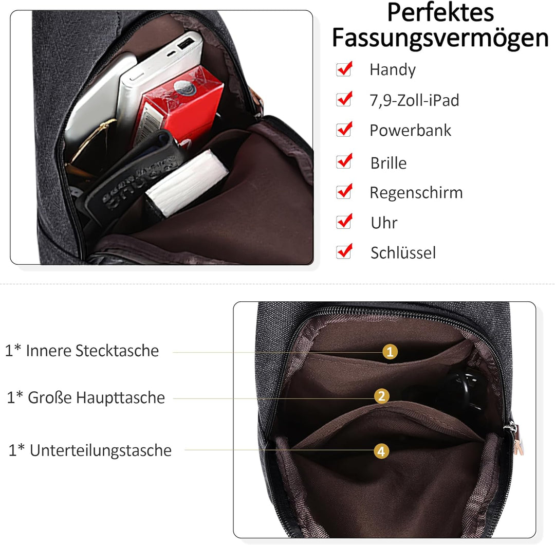 DORRISO Herren Umhängetasche Mode Brusttasche Schultertasche Leinwand Schultertaschen USB Anschluss