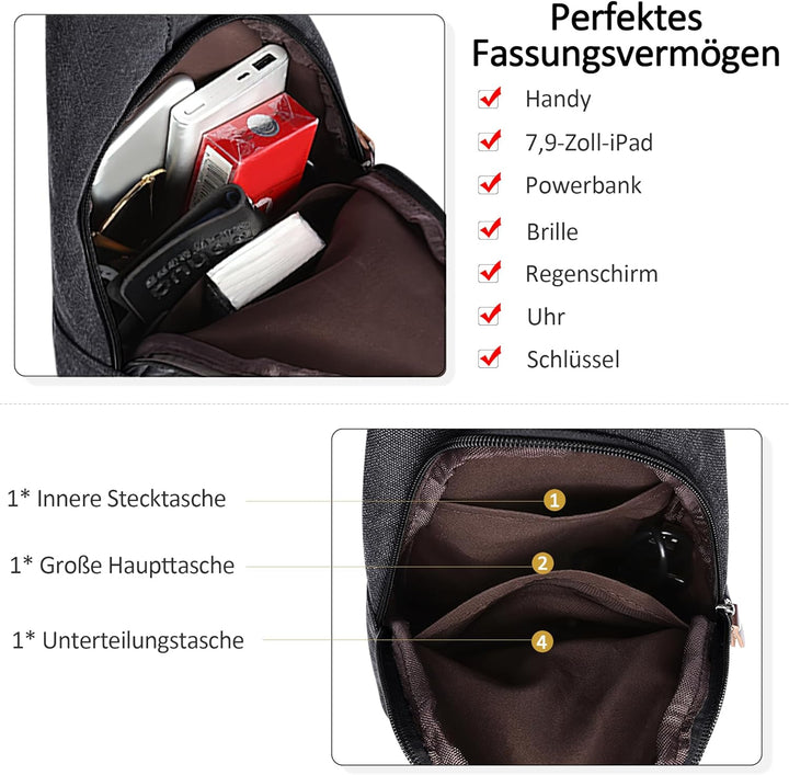 DORRISO Herren Umhängetasche Mode Brusttasche Schultertasche Leinwand Schultertaschen USB Anschluss