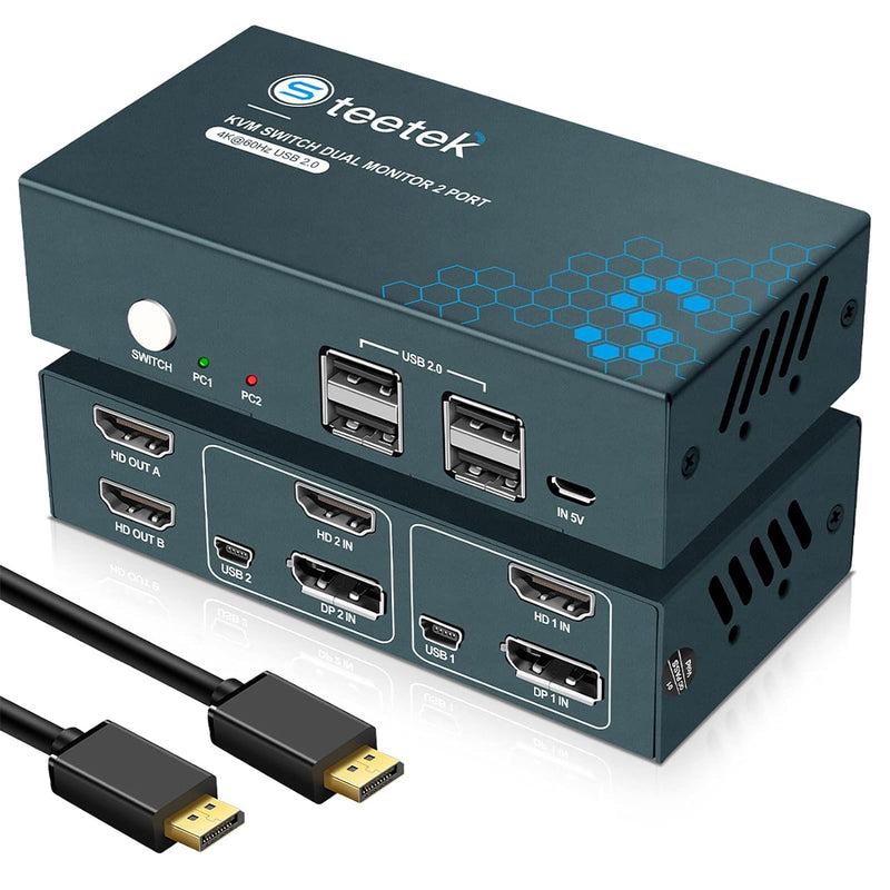 HDMI+DisplayPort KVM Switch 2 Monitore, Steetek 4K@60Hz KVM Switch Dual Monitor, KVM Switch 2 PC 2 M