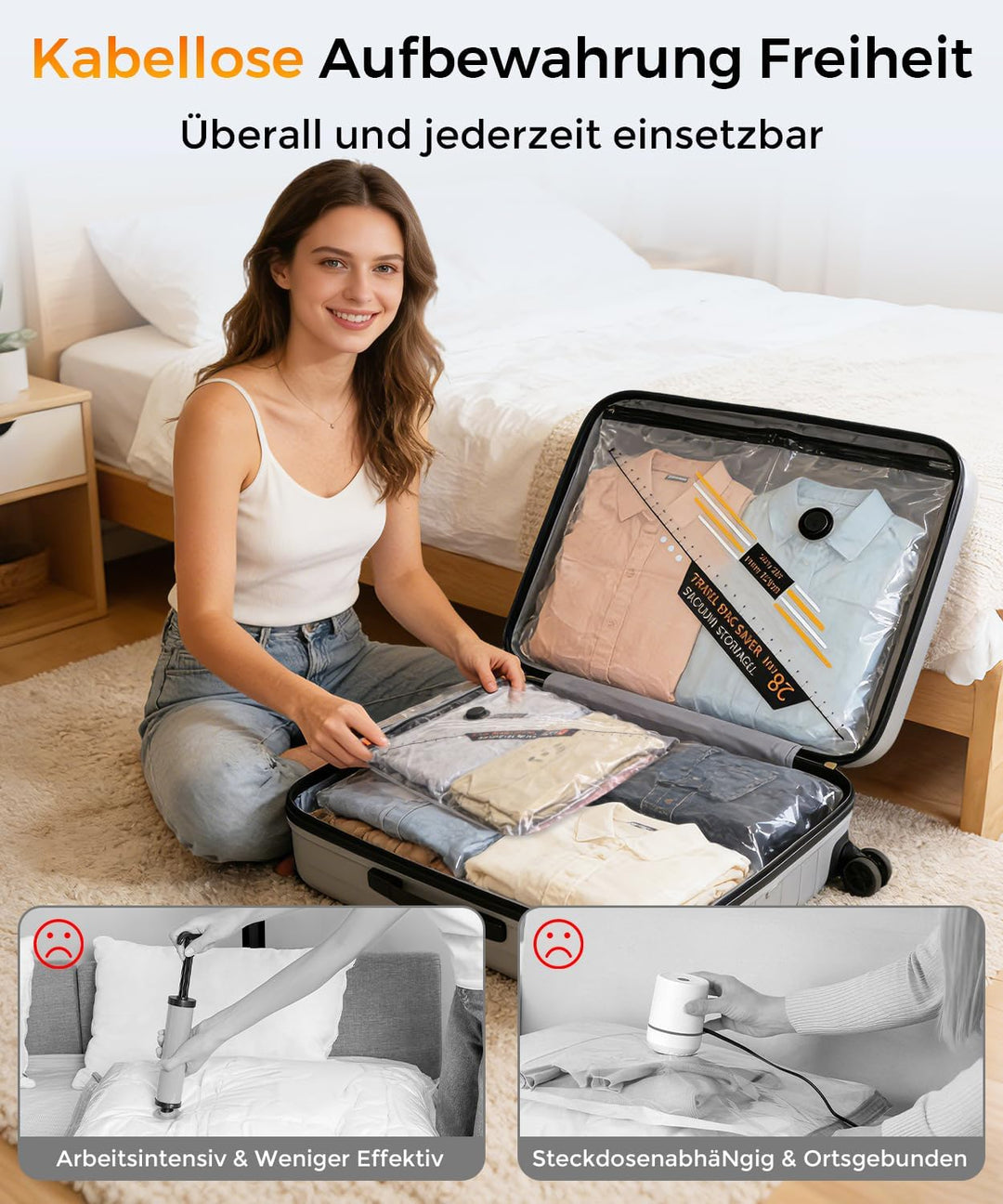 BOYUNSHI Vakuumbeutel für Kleidung mit Kabelloser Vakuumpumpe, 15 Stück Kompressionsbeutel für Kleid