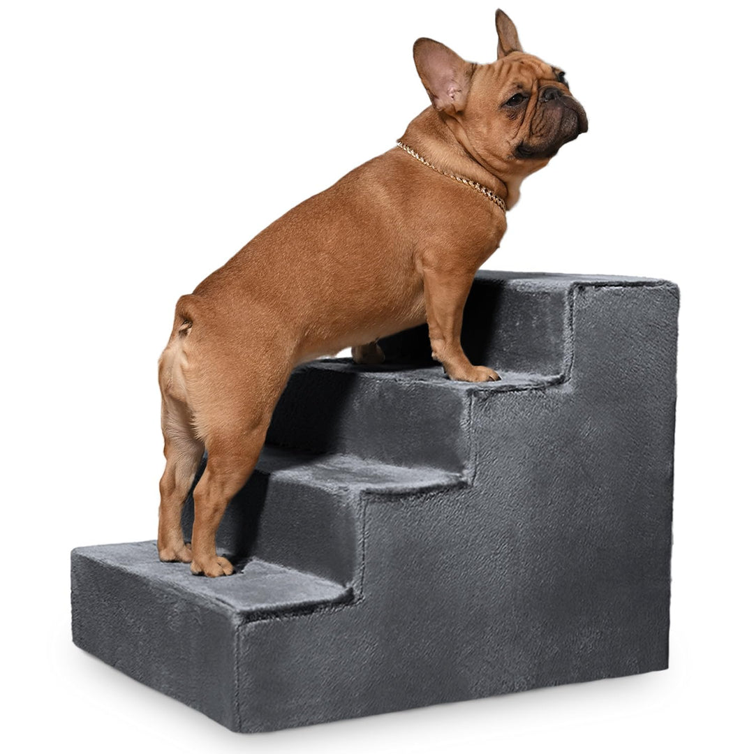 VELORA H&amp;L Hundetreppe 4 Stufen Dunkelgrau - Stabile Holzkonstruktion mit Veloursbezug, rutschfeste