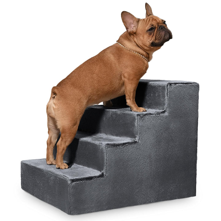 VELORA H&amp;L Hundetreppe 4 Stufen Dunkelgrau - Stabile Holzkonstruktion mit Veloursbezug, rutschfeste