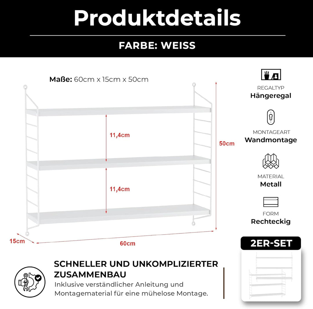 [en.casa] Modulares Wandregal Strängnäs 2er Set Metallregal Weiss Hängeregal mit 3 Regalböden Badreg