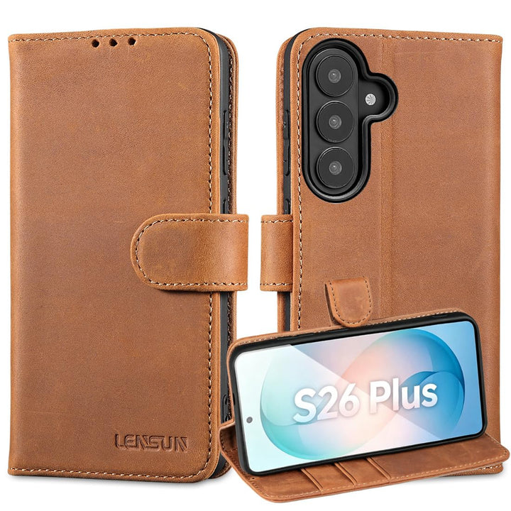 LENSUN Echtleder Hülle für Samsung Galaxy S26 Plus, Handyhülle [Premium Echtes Leder][RFID Schutz][K