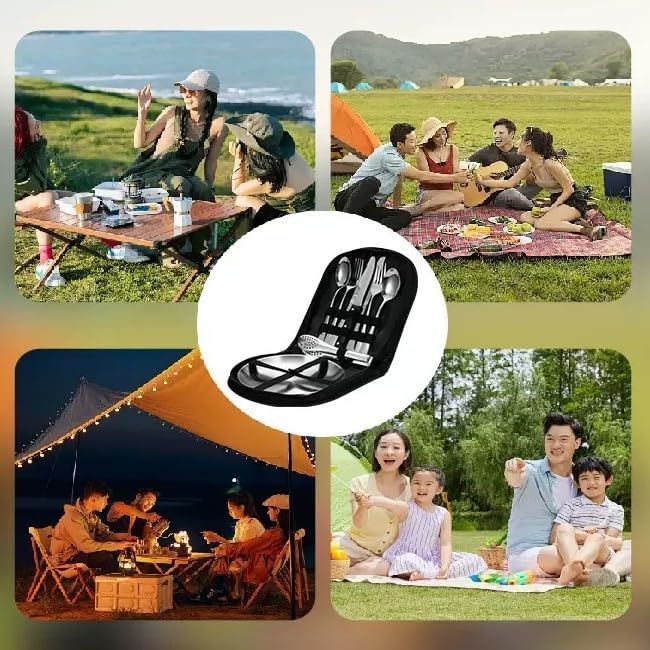 Camping Besteckset 2 Personen, 11 Stück Edelstahl Geschirr Set mit Gabeln, Messer, Löffel, Teller, C