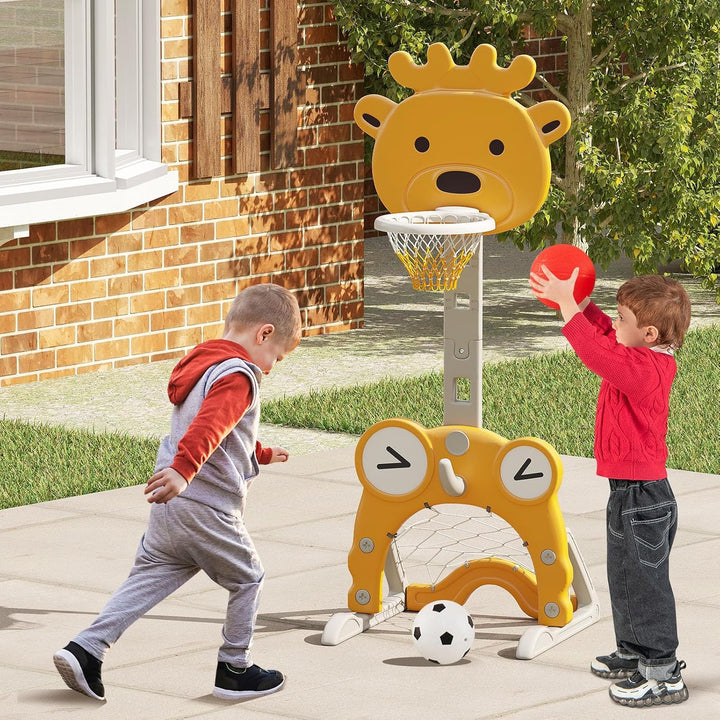 HOMASIS 4 in 1 Kinder Basketballkorb Set, multifunktional Basketballständer mit Fussballtor &amp; Golf &amp;