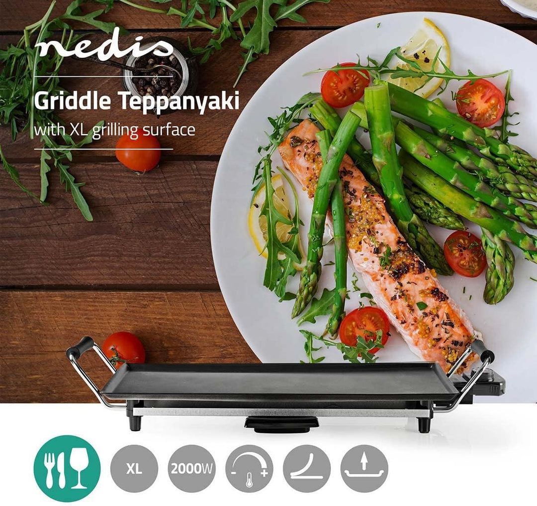 Nedis FCTE110EBK50 Teppanyaki-Grill – 50cm Grillplatte – 2.000W – Temperaturregelung – Antihaftbesch