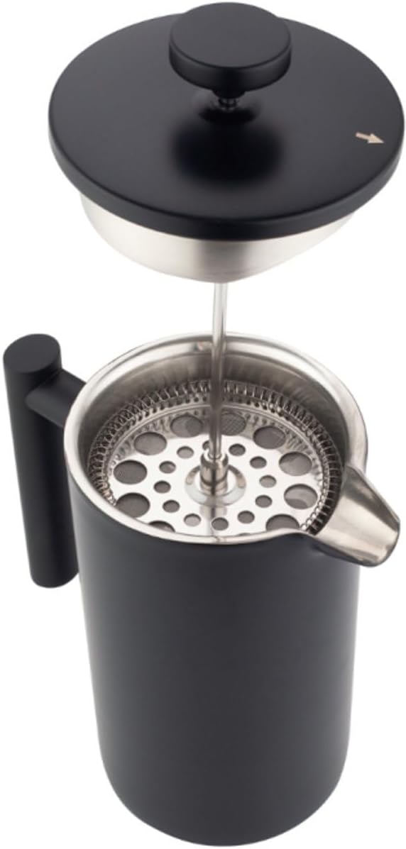 KINGHoff French Press 1 Liter, Mattschwarz, Doppelwandiger Edelstahl, Feinmaschiger Edelstahlfilter,