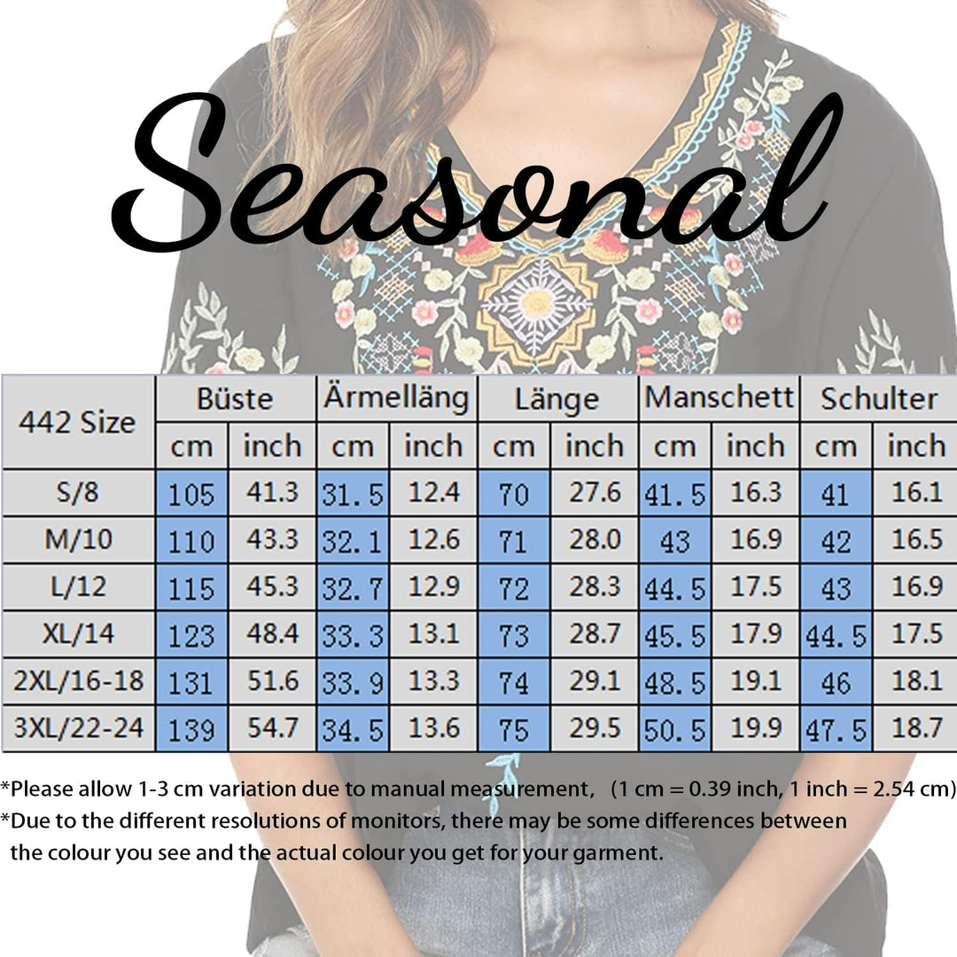 Seasonal Tunika Damen Sommer Boho Folklore Bluse mit Stickerei Oberteil Hippie Trachten Kurzarm Klei
