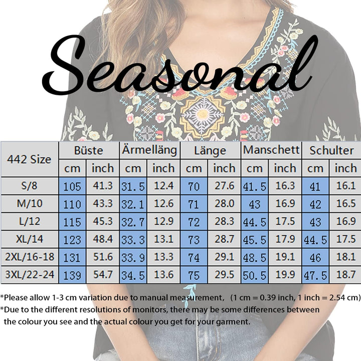 Seasonal Tunika Damen Sommer Boho Folklore Bluse mit Stickerei Oberteil Hippie Trachten Kurzarm Klei