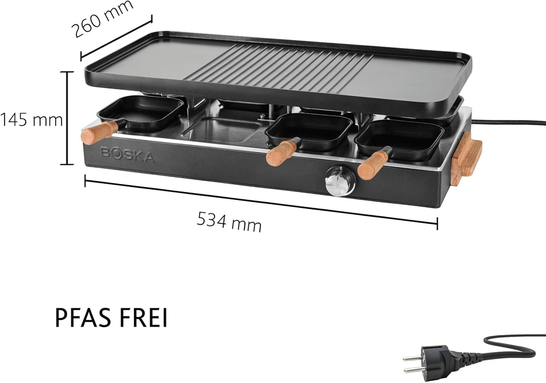 BOSKA Raclette Gourmet Party – Raclette-Grill für 8 Personen – PFAS-frei – Keramische Grillplatte –