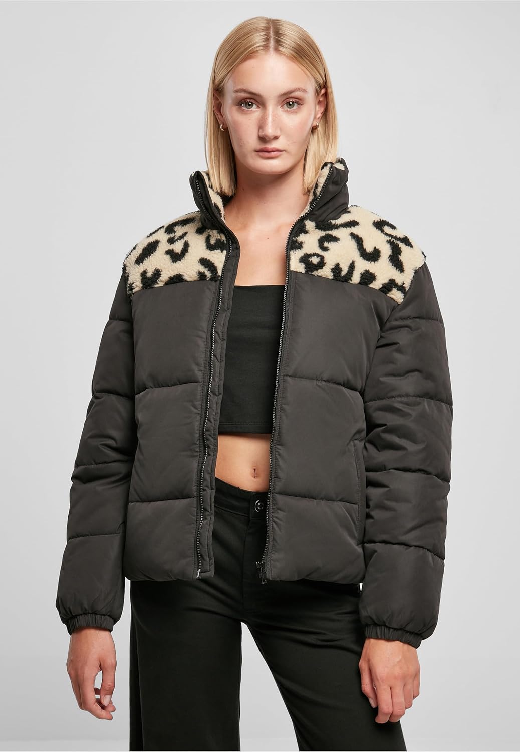 Urban Classics Damen Ladies AOP Sherpa Mixed Puffer Jacket Jacke 5XL Black/Sandleo, 5XL Black/Sandle