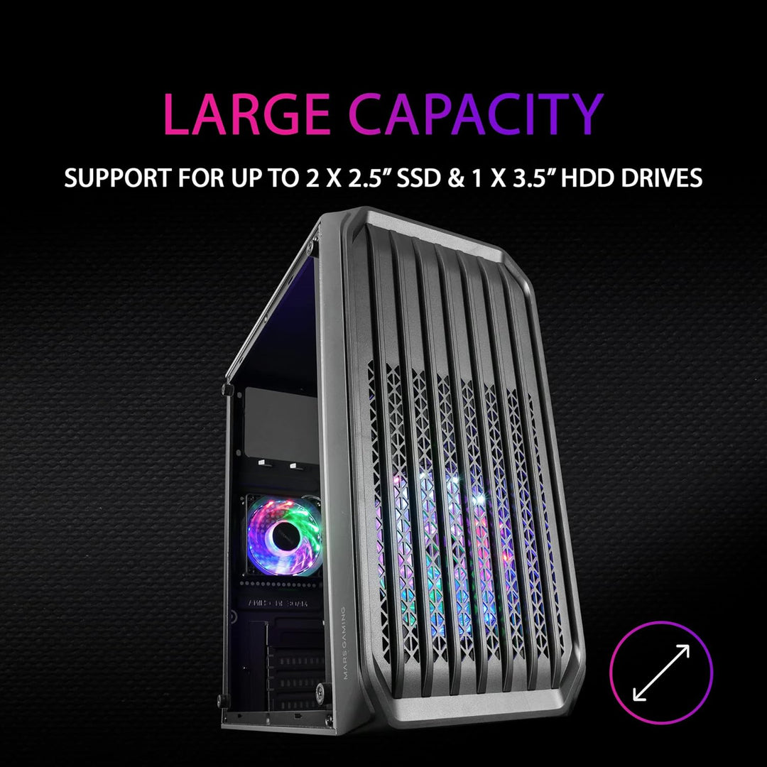 MarsGaming MC-S2 Schwarz, Kompaktes Micro-ATX Gaming PC-Gehäuse, 2 FRGB Rainbow-Lüfter mit Frontgitt
