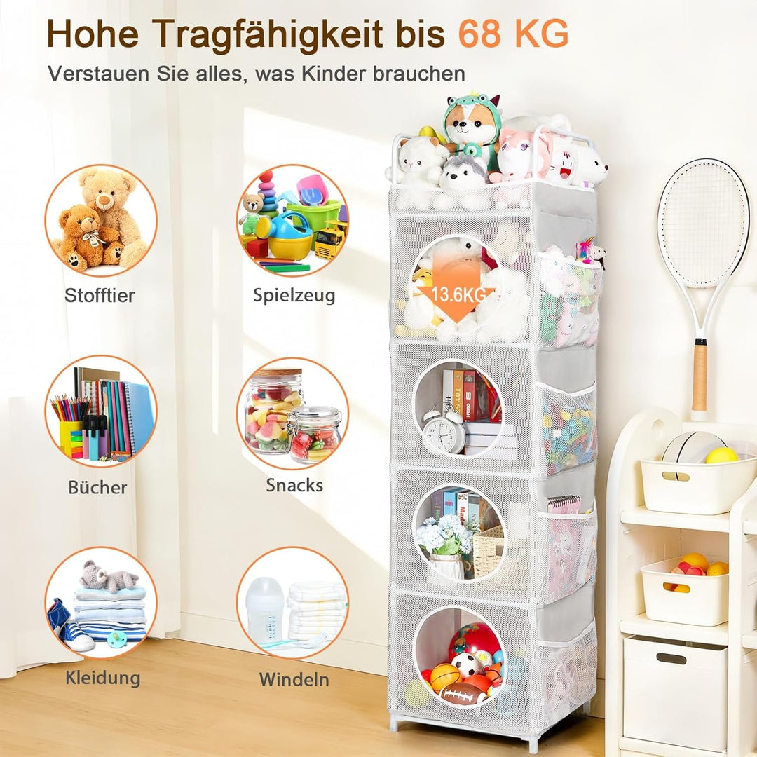 Aufbewahrung Kuscheltiere, 42x42x162cm Stofftier Aufbewahrung, 5 Etagen &amp; 8 Netztaschen Spielzeug Au