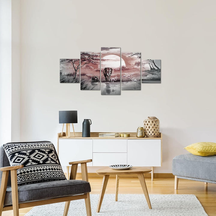 Runa Art Wandbilder Afrika Elefant 5 Teilig Bild auf Vlies Leinwand Deko Wohnzimmer Schlafzimmer Son
