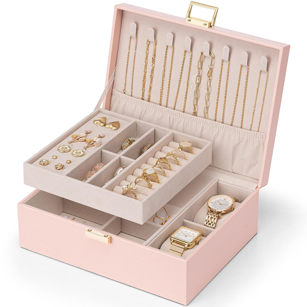 VLANDO 2-lagige Schmuckschatulle, grosser Schmuck-Organizer für Damen, abnehmbares Schmucktablett mi