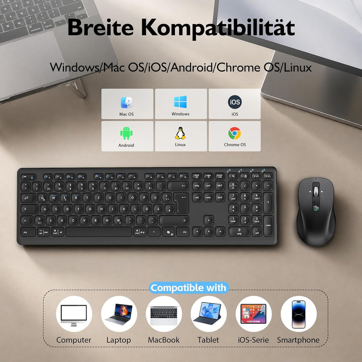 M9300 Kabelloses Tastatur Maus Combo, 2-in-1 USB Empfänger und Zwei Bluetooth, 18-Monate Batterielau