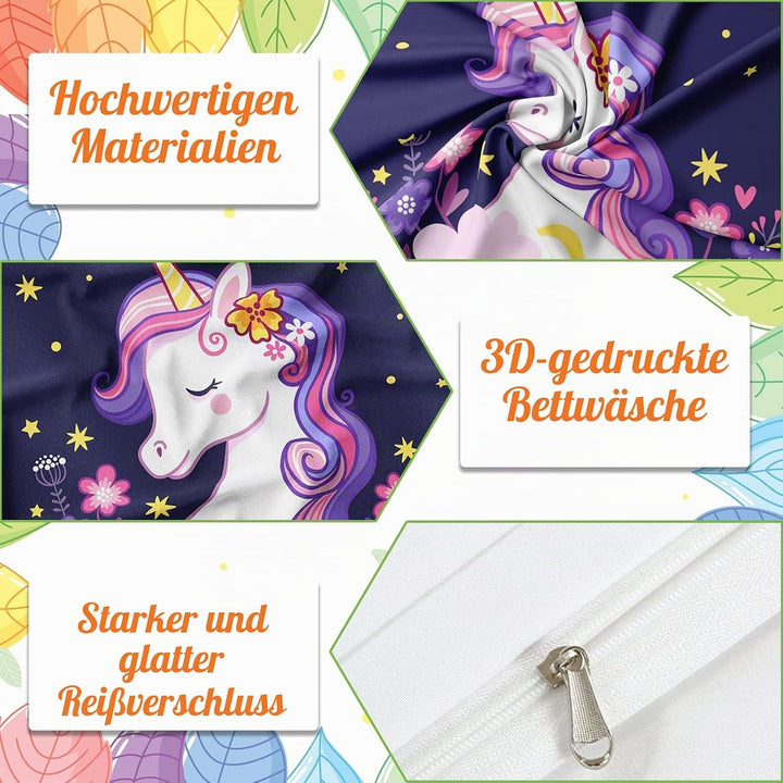 Bettwäsche-Set für Einhorn 3D-Druck, Kinder Bettwäsche Set Tier Einhorn Motiv Mikrofaser Bettbezug S